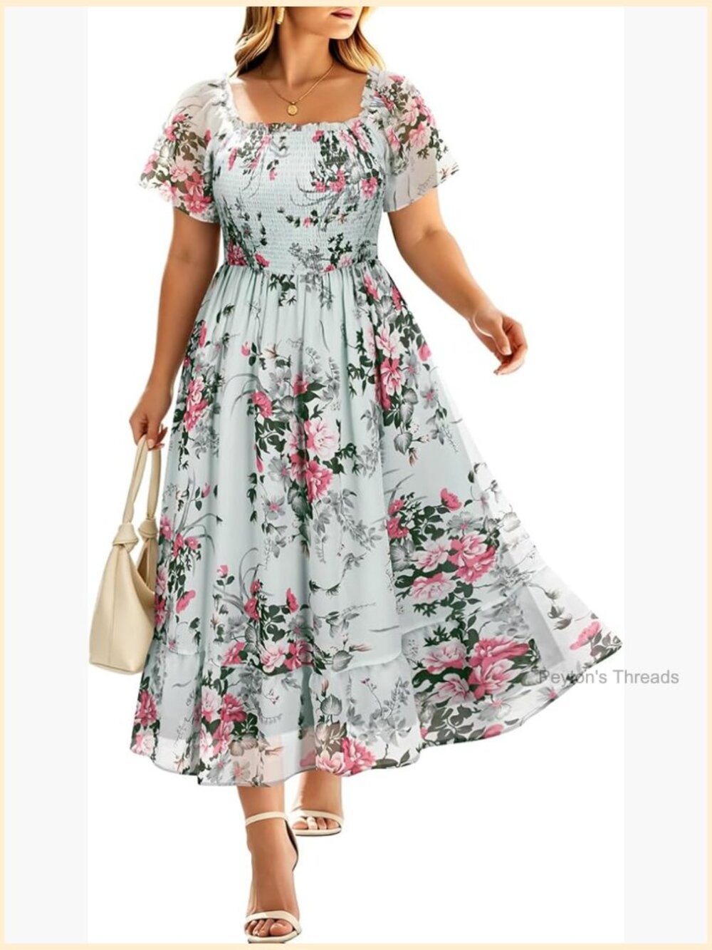 Plus Size Smocked Maxi Dress Square Neck Chiffon Pockets Wedding Guest